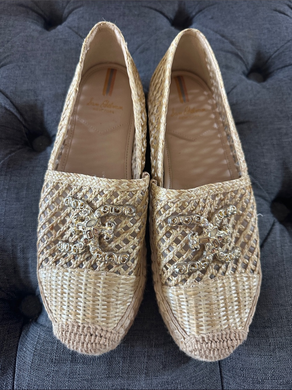 Sam Edelman Natural Woven Straw Loafers with Jeweled Trim